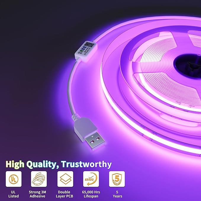 PAUTIX 5V USB RGB COB LED Strip Light 4.92ft/1.5m Color Changing Strip Lights,TV Backlight Multicolor Flexible Under Cabinet Tape Lights with Bluetooth Control for Bedroom,Kitchen,Home DIY Lighting