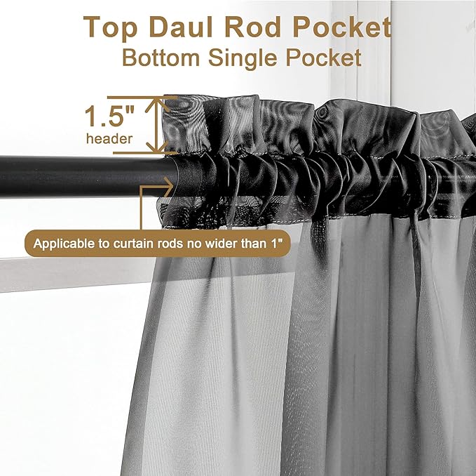 Chyhomenyc 2 Panels Solid Color Sheer Window Curtains 108 Inches Long, Elegant Window Voile Panels/Drapes/Treatment/Scarf for Bedroom Living Room Wedding Canopy (42X108 Inches, Black) 9 FT
