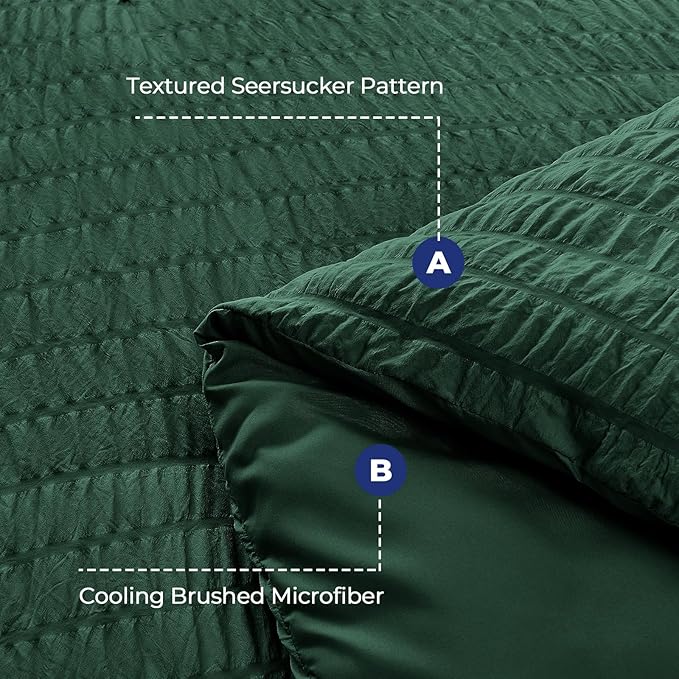 HYMOKEGE Emerald Green Queen Comforter Set Seersucker 7 Pieces, All Season Luxury Bed in a Bag Queen for Bedroom, Bedding Set with Comforter, Sheets, Pillowcases & Shams