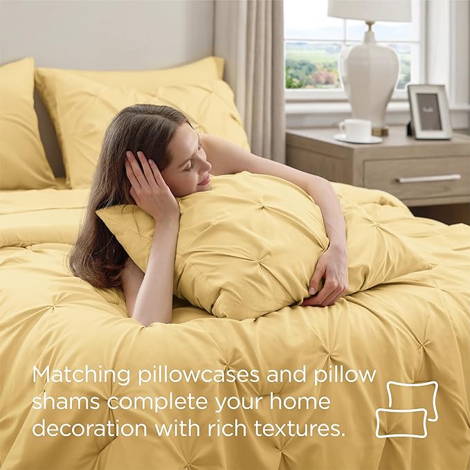 Bedsure Full Comforter Set Yellow - Bed in a Bag Full Size 7 Pieces, GentleSoft™ Pintuck Bed Set Gift for Family, Pinch Pleat Yellow Comforter with Sheets, Pillowcases & Shams