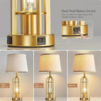 Gold Table Lamps for Living Room Set of 2 - Modern Farmhouse Bedside Lamps for Bedroom Night Stands with Nightlight and USB A+C, Industrial Lamp for Living Room End Tables