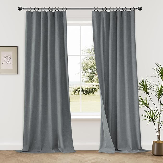 KangBang Grey Blackout Linen Curtains 108 Inches Long 2 Panels, Black Out Room Darkening Curtains Soft Thick Linen Back Tab Loop Pocket Pleated Neutral Drapes for Living Room,9FT, 52Wx108L, Frost Gray