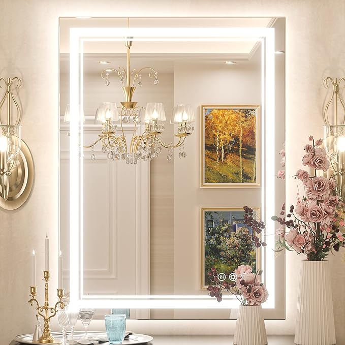Keonjinn LED Bathroom Mirror 24" x 32" with Frontlit and Backlit, Stepless 3 Colors Temperature & Dimmable Vanity Mirror with Light, Double LED Strips, Tempered Glass Wall Mirror, UL Listed LED Driver