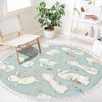 Round Rugs Cute Bunny Carrot Collection Hand Drawn Boho Area Rug Linen and Cotton Carpet Meditation Rug Washable Hallway Runner Mat Accent Rug for Bedroom Bathroom 4ft