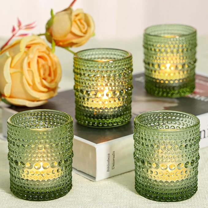24 Pcs Votive Candle Holders, Bright Green Glass Holders Bulk for Table Centerpiece, Tea Lights Candle Holders for Wedding Shower, Party and Home Decor