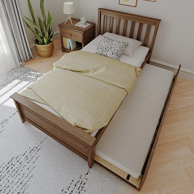 Max & Lily Twin Bed, Wood Bed Frame with Headboard for Kids with Trundle, Slatted, Walnut