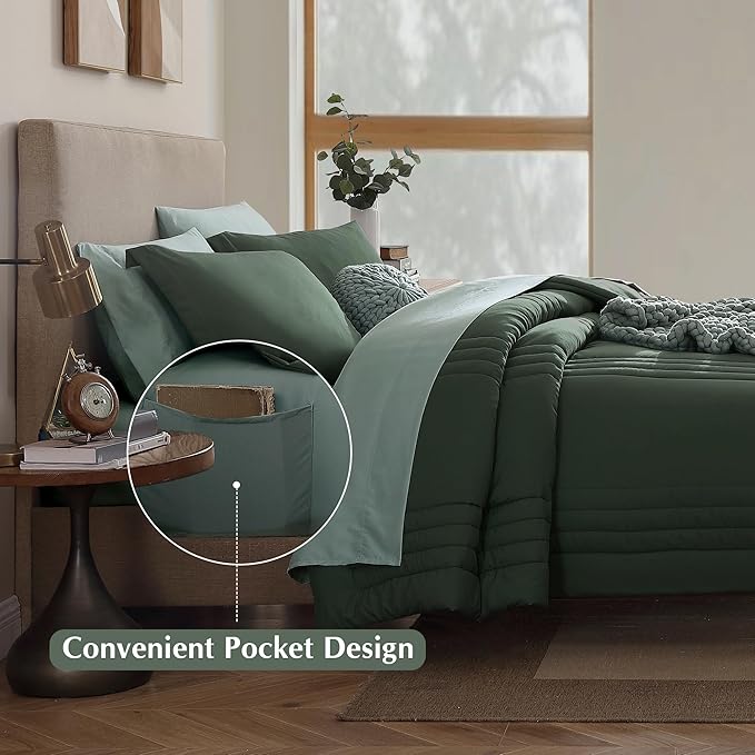 Monbix California King Size Comforter Set - 7 Pieces Bed in a Bag California King, Deep Forest Bedding Sets with Comforter, All Seasons Bed Set with Sheets, Pillowcases & Shams