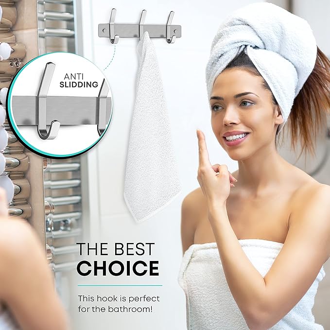 Small Coat Rack Wall Mount – Brushed Nickel 9 Inch Stainless Steel Hook Rail with 3 Heavy Duty Double Coat Hooks – Wall Mounted Coat Hanger for Entryway, Bathroom, Bedroom, Towel, Hat Organizer