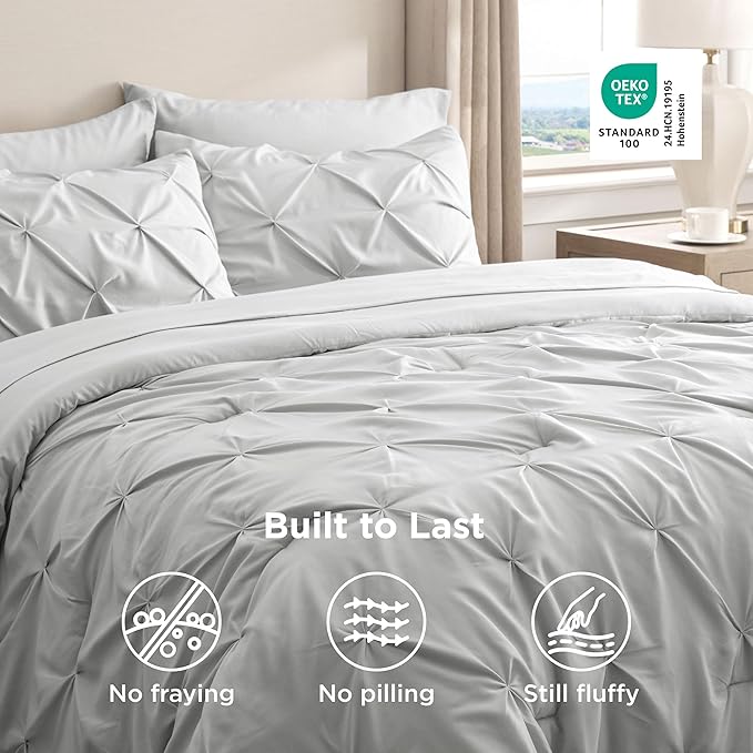 Bedsure Full Size Comforter Sets - Bedding Sets Full 7 Pieces, Pintuck Bed in a Bag Light Grey Bed Set with Comforter, Sheets, Pillowcases & Shams