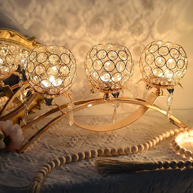 Set of 3 Gold Crystal Tea Light Candlestick Holders Flower Shape with Crystal Pendant Bowl Votive Metal Candle Holder for Table Centerpieces Wedding Home Decor (Gold, 3 arm)