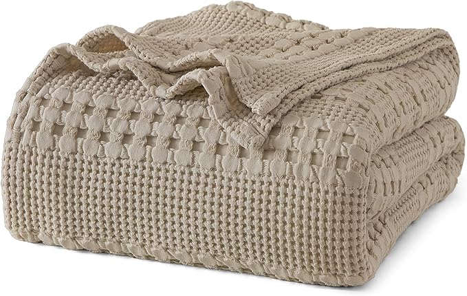 PHF 100% Cotton Waffle Weave Blanket Queen Size for Bed, Soft Lightweight & Breathable, All-Season Comfort, Luxury Aesthetic Woven Bedding for Home Decor, 90"x90", Taupe