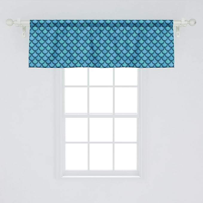 Ambesonne Fish Scale Window Valance Pack of 2, Nautical Design Realistic Graphic Water Drops on Half Circles Print, Rod Pocket Curtain Valances for Kitchen Bedroom, 54" X 18", Blue and Turquoise