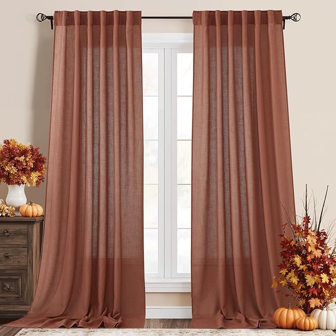 RYB HOME 108 inch Terracotta Fall Curtains Linen Woven - Shabby Chic Modern Elegant Semi Translucent Sheer Drapes Sun Filter for Sliding Glass Door Doorway Hotel, Wide 52 by Long 108, 2 Panels