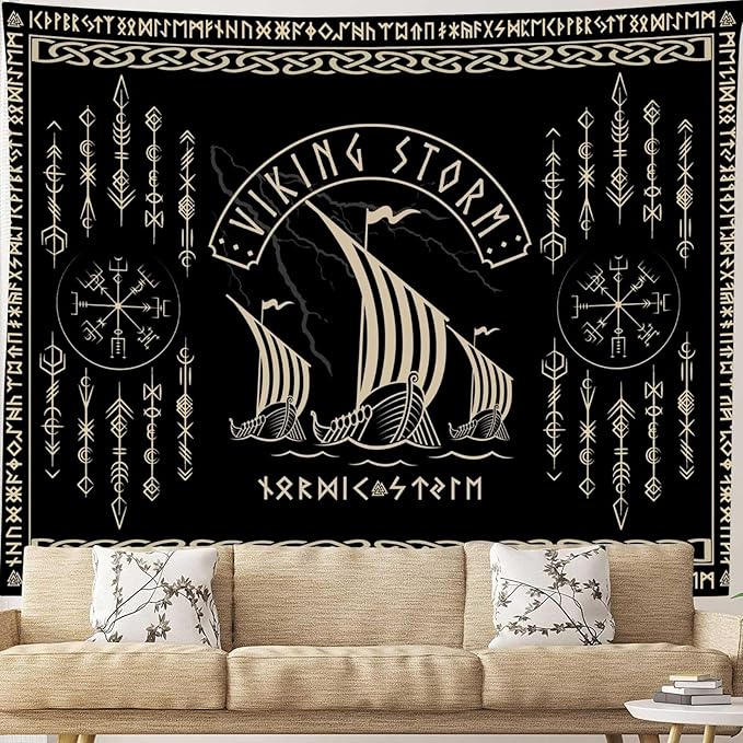 OSUNBD Viking Warship Tapestry Wall Hanging - Large 84x90 inches Storm & Celtic Runes on Soft Flannel Aesthetic Mythology Tapestries Norse Mythology Art for Bedroom, Living Room Decor