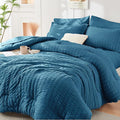 HYMOKEGE Teal California King Comforter Set Seersucker 7 Pieces, All Season Luxury Bed in a Bag for Bedroom, Bedding Set with Comforters, Sheets, Pillowcases & Shams