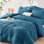 HYMOKEGE Teal California King Comforter Set Seersucker 7 Pieces, All Season Luxury Bed in a Bag for Bedroom, Bedding Set with Comforters, Sheets, Pillowcases & Shams