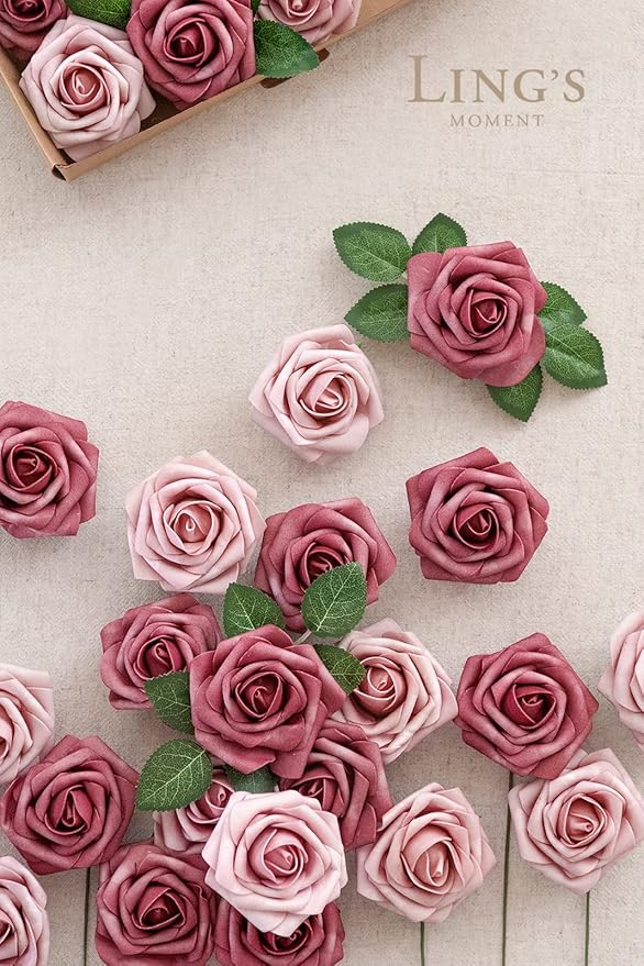 Ling's moment Artificial Flowers 50Pcs Torrid Blush Roses Decor w/Stems,3" Real Touch DIY Foam Floral for Wedding Bouquet/Centerpieces, Outdoors Party Backdrop, Room/Table, and Garden/Pot Decorations