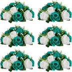 NUPTIO Flower Wedding Centrepieces for Tables - 6 Pcs 9.5in Diameter Teal & White Artificial Flowers Rose Ball for Centerpieces Table - Fake Rose Arrangements for Weddings Birthday Party Decorations