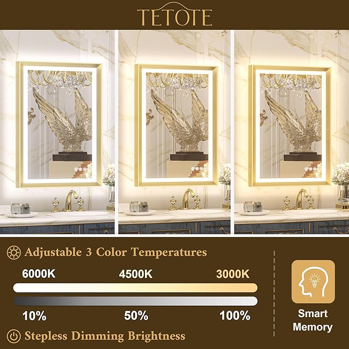 TETOTE 36x36 LED Mirror for Bathroom Gold Metal Frame Frontlit & Backlit Lighted Vanity Mirror Baroque Anti Fog Stepless Dimmable White/Warm/Natural,CRI90+,Waterproof,Wall Mounted(Horizontal/Vertical)