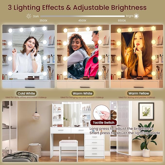 Quimoo 48" Large Vanity Desk with Mirror & Lights, Makeup Vanity Table with 6 Drawers & Power Outlet, 6 Open Storage Shelves, Vanity Desk Set with Stool, for Women Girls, White