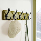 Dseap Wall Mount Coat Hanger - Heavy-Duty Robust Barnwood-Style Wooden Hook Rail with 5 Triple Hooks for Winter Coats, Hats, Jackets, Weathered Green & Black