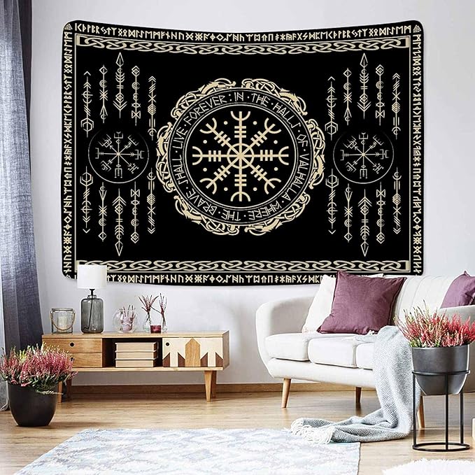 OSUNBD Nordic Vikings Tapestry Magical Runic Compass Wall Hanging Home Decor Vegvisir Runes Artwork Pagan Tapestry Art Hanging Decor Large Size 78.7”x59.1” for Bedroom Living Room Dorm