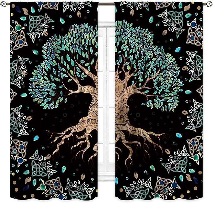Tree of Life Curtains, Hippie Green Leaves Tree Life Vikings Celtic Nordic Aesthetic Mythology Window Drapery Treatments for Bedroom Living Room Bathroom 2 Panels, 84"x63" Inch