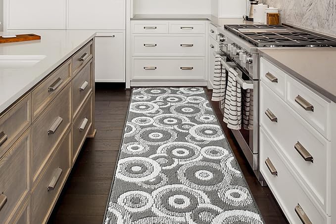 Custom Length Cut to Size Retro Modern Geometric Carpet Runner Rug for Hallways, Non Slip Rubber Backed, 31 inch Wide X Customized Length, Geo Grey, 31 inch X 12 feet