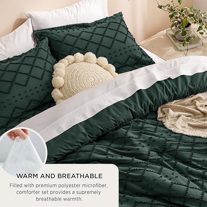 Bedsure Twin Comforter Set - Forest Green Comforter, Boho Tufted Shabby Chic Bedding for Kids, 2 Pieces Vintage Farmhouse Bed Set for All Seasons, Fluffy Soft Bedding with 1 Pillow Sham