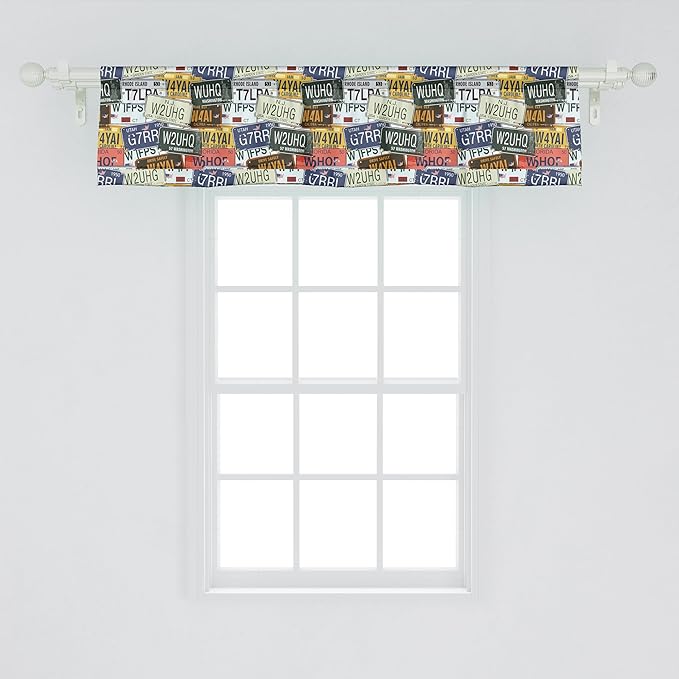 Ambesonne Vintage Window Valance Pack of 2, Original Retro Style License Plates Personalized Creative Travel Vacation, Rod Pocket Curtain Valances for Kitchen Bedroom, 42" X 12", Green Blue Yellow