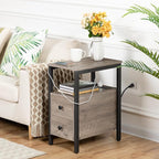 HOOBRO Set of 2 End Tables with Charging Station, Narrow Side Table with Drawers & USB Port & Power Outlets, Nightstand for Small Spaces, Living Room, Stable, Greige and Black BG541BZP201