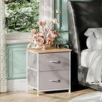 Somdot Nightstand with 2 Drawers, Bedside Table Small Dresser with Removable Fabric Bins for Bedroom Nursery Closet Living Room - Sturdy Steel Frame, Wood Top, Pull Handle - Ash Grey