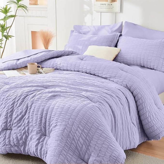 HYMOKEGE Light Purple Twin Comforter Set Seersucker 5 Pieces, All Season Luxury Bed in a Bag for Bedroom, Bedding Set with Comforter, Sheets, Pillowcase & Sham