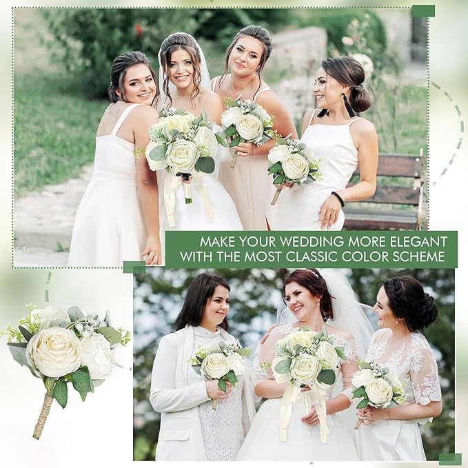 Bridesmaid Bouquets - Set of 4 Ivory White Artificial Flowers Bouquet Wedding Rustic Small Floral Centerpieces for Marriage Proposal Party Anniversary Dining Table Decorations
