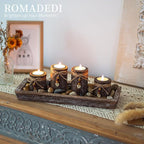 Farmhouse Coffee Table Decor Candle Holder - Romadedi Boho Wooden Tray with 4 Tealight Candles Holders for Tables Centerpiece Home Decorations Living Room Fireplace Kitchen