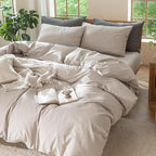 MooMee Bedding Duvet Cover Set 100% Washed Cotton Linen Like Textured Breathable Durable Soft Comfy (Solid Light Tan, Cal King 104"x98")