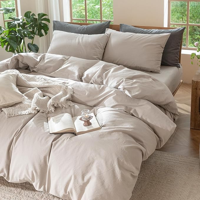 MooMee Bedding Duvet Cover Set 100% Washed Cotton Linen Like Textured Breathable Durable Soft Comfy (Solid Light Tan, Oversized Queen 98"x98")