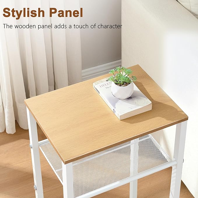 Hoctieon 3 Tier End Table, Telephone Table, Narrow Side Table with Storage, Nightstand for Small Spaces, Metal Frame, for Living Room, Bedroom, Sofa Couch, Hall, Easy Assembly, White and Yellow Oak
