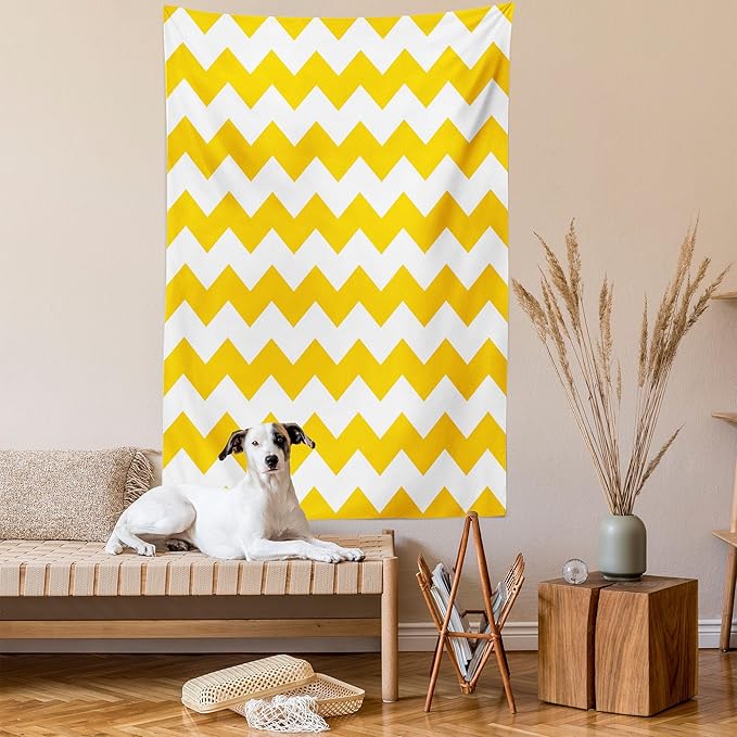 Lunarable Mustard Tapestry Twin Size, Zigzag Pattern Chevron Criss-Crossed Triangle Arrow Style Lines Geometric, Wall Hanging Bedspread Bed Cover Wall Decor, Twin Size, Yellow White