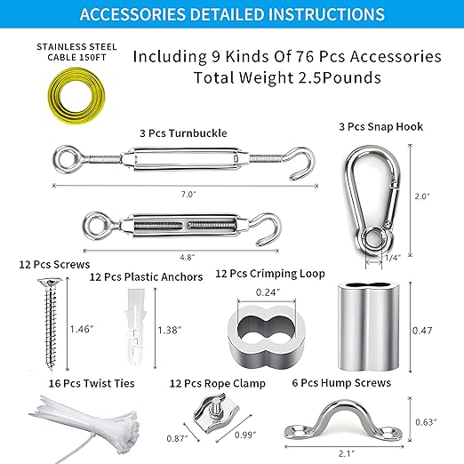 Globe String Light Suspension Kit, Outdoor Light Guide Wire, Vinyl Coated Stainless Steel Steel Cable，Include 150ft Transparent PVC and 304 Stainless Steel Wire Cable, Turnbuckle and Hooks