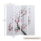 Roundhill Furniture White Japanese 4-Panel Screen Room Divider, Plum Blossom