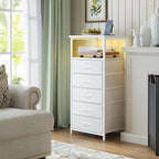 Fixwal Tall Nightstand with Charging Station and LED Lights, Night Stand with PU Finish Fabric Storage Drawers, 5 Drawer Dresser, White