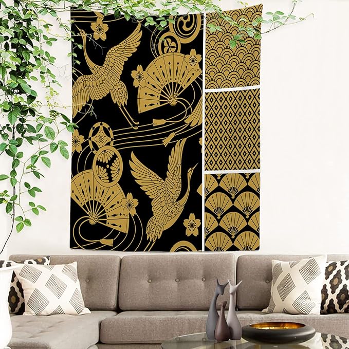 Batmerry Black Oriental Tapestry,Gold Japanese Fan Wall Art Hanging Decoration Polyester Fiber White Ruffled Around for Dorm Room Bedroom Living Room, 59.1x39.4 inches