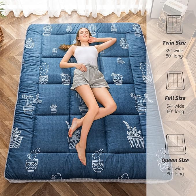 MAXYOYO Grey Cactus Pattern Full Size Futon Mattress, Quilted Bed Mattress Topper, Extra Thick Folding Sleeping Pad, Breathable Floor Lounger, Guest Bed for Camping, Couch