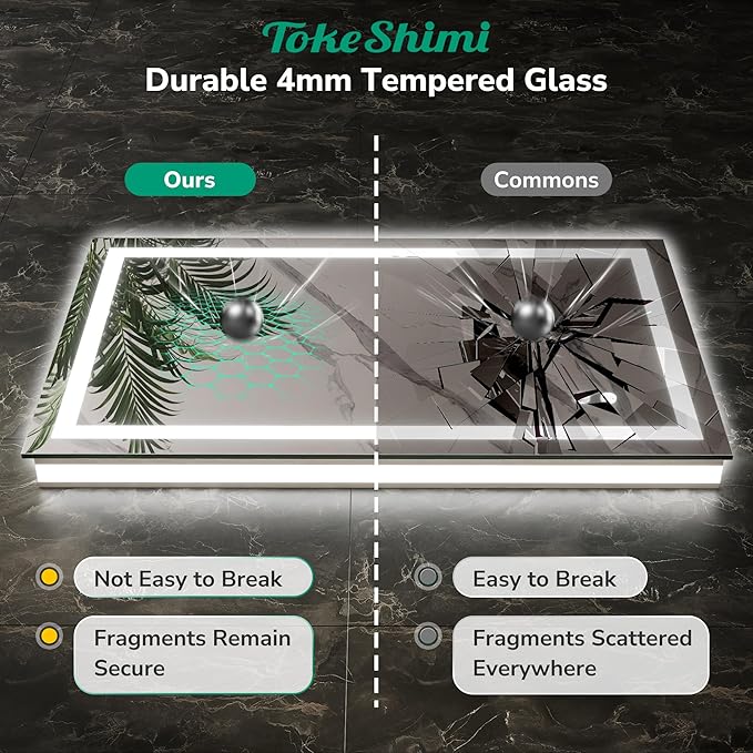 TokeShimi 55x36 LED Bathroom Mirror with 3-Color Lights,Anti-Fog Lighted Mirrors for Bathroom Wall,HD Tempered Glass,Memory Function,Waterproof,Shatterproof,UL Listed
