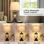 QiMH Table Lamp for Bedroom with USB A+C Ports, Farmhouse Bedside Lamp with Night Light, 3-Way Dimmable Touch Control, Rustic Industrial Nightstand Lamp for Living Room,Bulbs Included,Black, 1 Pack