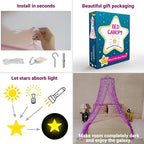 Purple Canopy for Girls Bed with Pre-Glued Glow in The Dark Stars - Princess Mosquito Net Room Decor - Kids & Baby Bedroom Tent with Galaxy Lights - 1 Opening Canopy Bed & Hanging Kit Included