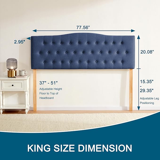 Tufted Upholstered Headboard King Size, Sturdy & Durable Solid Wood Bed headboard, Fabric Headboard Adjustable Height from 37” to 51”, Modern Button Diamond Design Head Board, Blue
