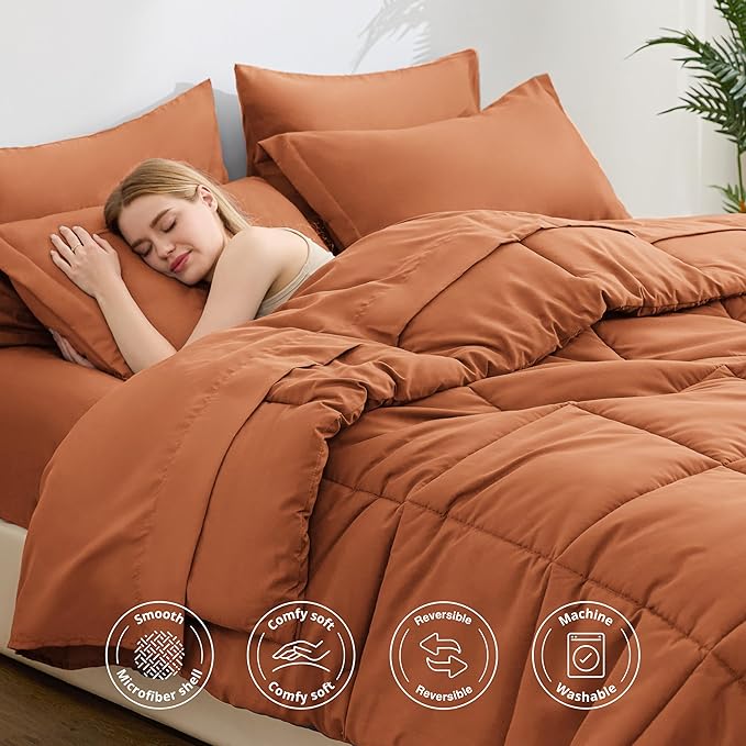 Love's cabin Twin Comforter Set Burnt Orange, 5 Pieces Twin Bed in a Bag, All Season Bedding Sets with 1 Comforter, 1 Flat Sheet, 1 Fitted Sheet, 1 Pillowcase and 1 Pillow Sham