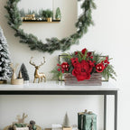 Christmas Centerpiece 11 Inch Artificial Norfolk Pine in Rustic Wooden Pot Flower Arrangement with Magnolia Flowers Pine Greenery Red Berries Ornaments for Dining Table Holiday Party Mantel Xmas Decor